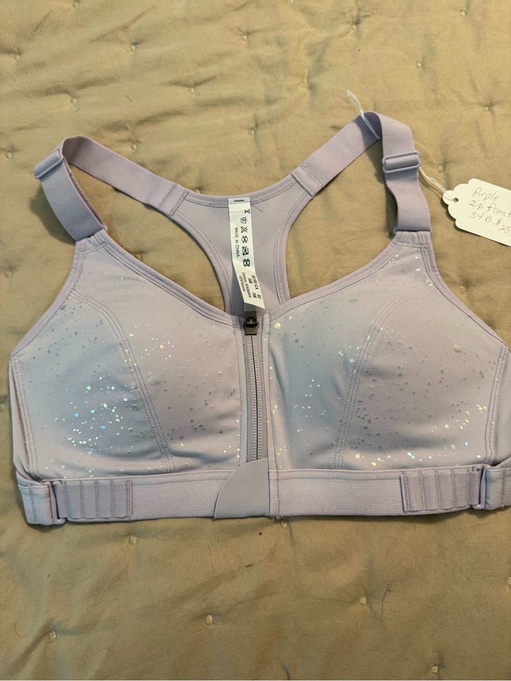 Front-Zip Glitter Sport Bra - Light Lavender